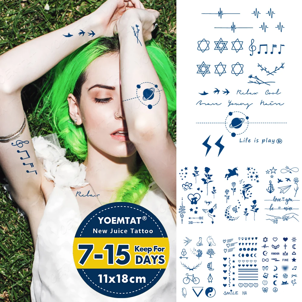 

Juice Lasting Ink Waterproof Temporary Tattoo Sticker Genipin Herbal Semi-Permanent Line Star Note Planet Body Art Fake Tatoo