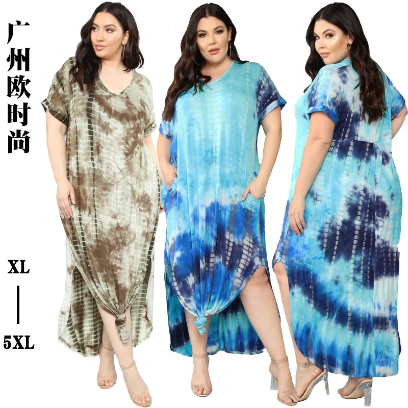

2022 Summer Women's New Tie-dye Print Straight Leg Large Size Dress
