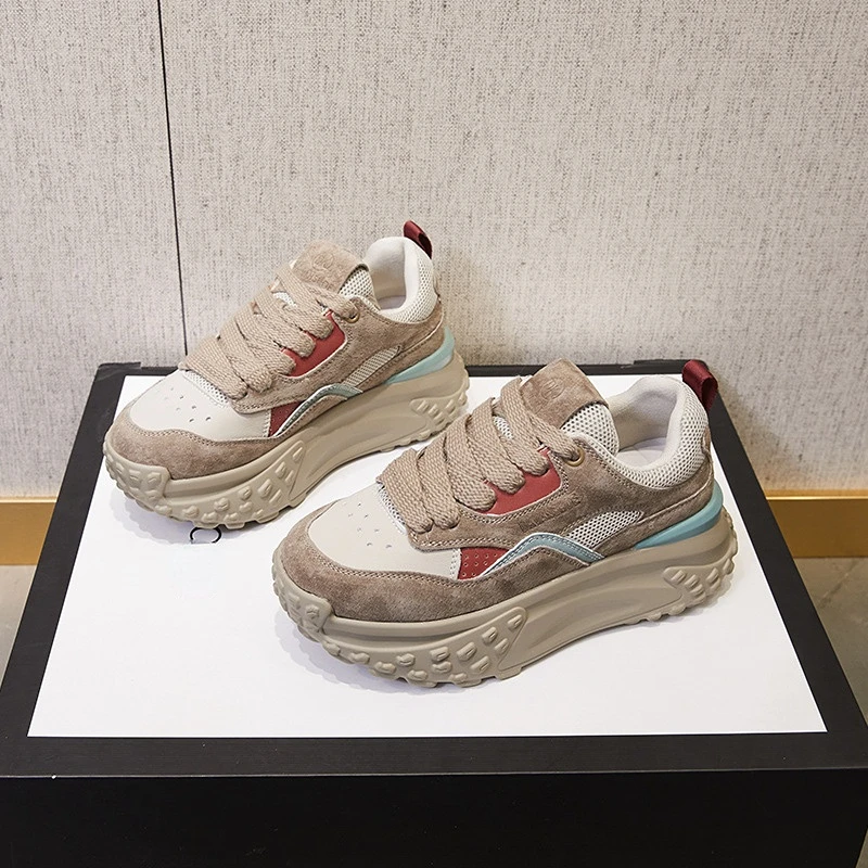 2023 New 6cm Genuine Leather Platform Mesh Breathable Sneakers Chunky Hidden Heel Mixed Color Women Spring Vulcanize Shoes