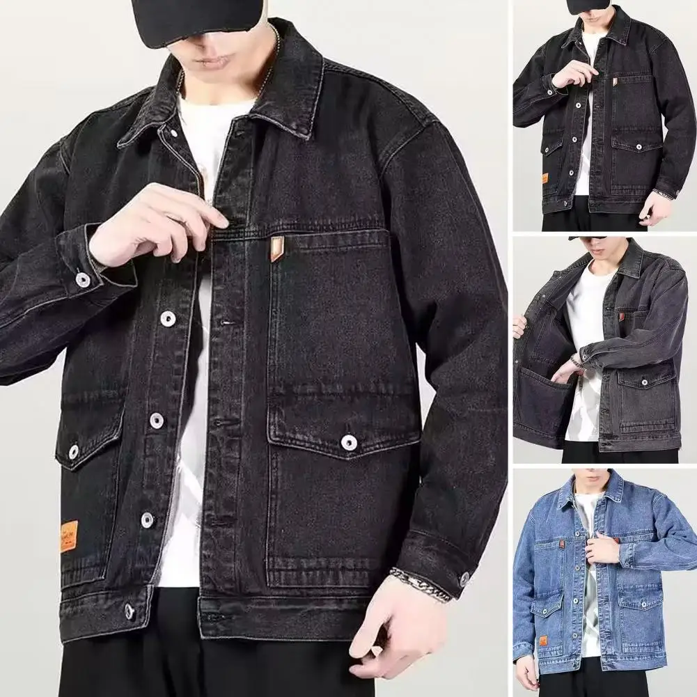 

Trendy Men Coat Casual Men Autumn Jacket Solid Color Pure Color Autumn Denim Jacket Thermal