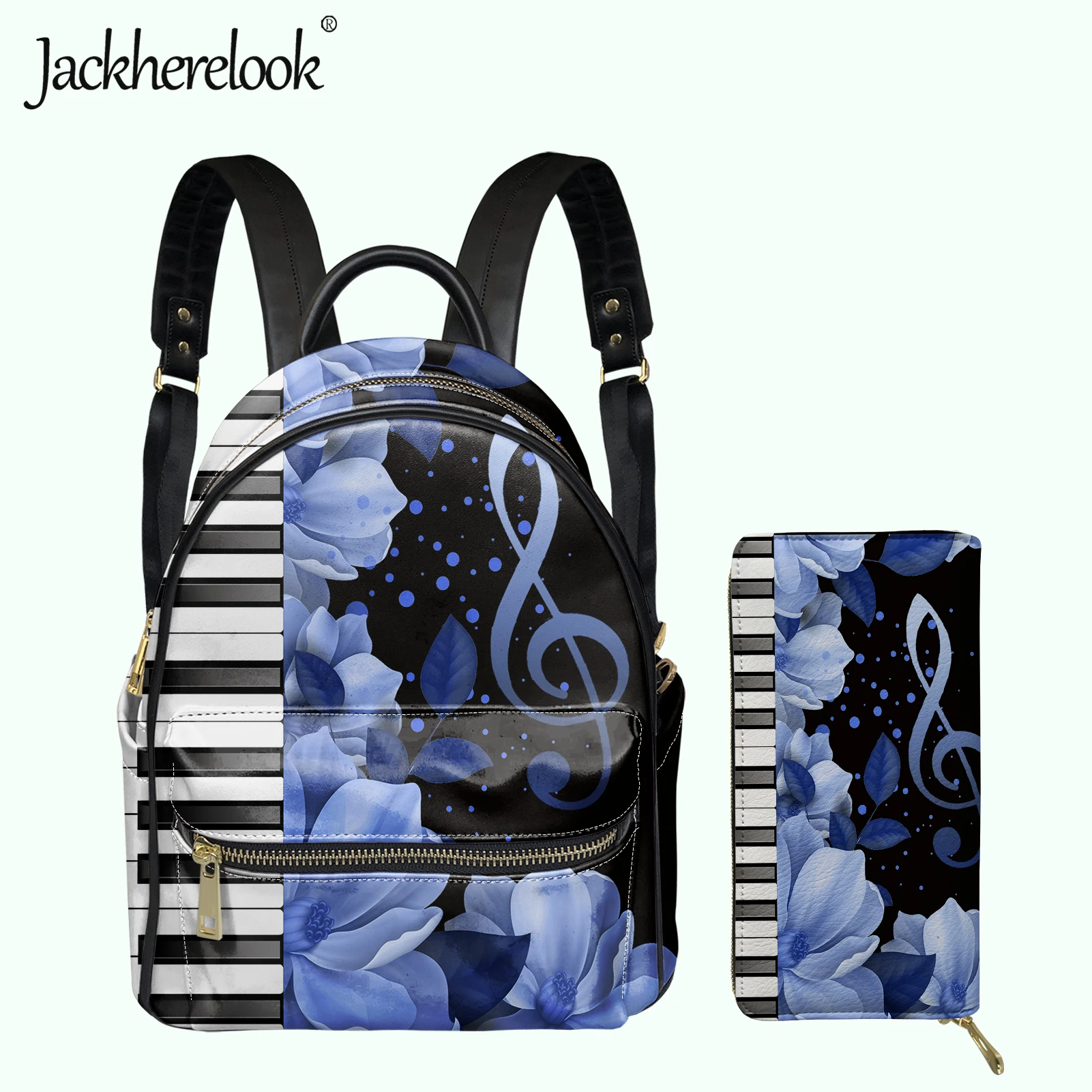 

Jackherelook Blue Floral Piano Musical Notes Pattern Backpack for Women 2Pcs/Set School Bag with Wallet Teen Girls Mini Satchel