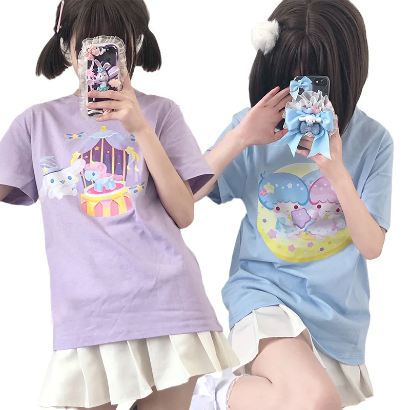 

Sanrioed Original Kawaii Cinnamoroll Littletwinstars Cute Cartoon Short-Sleeved Round Neck T-Shirt Wild Print Sweet Loose Anime