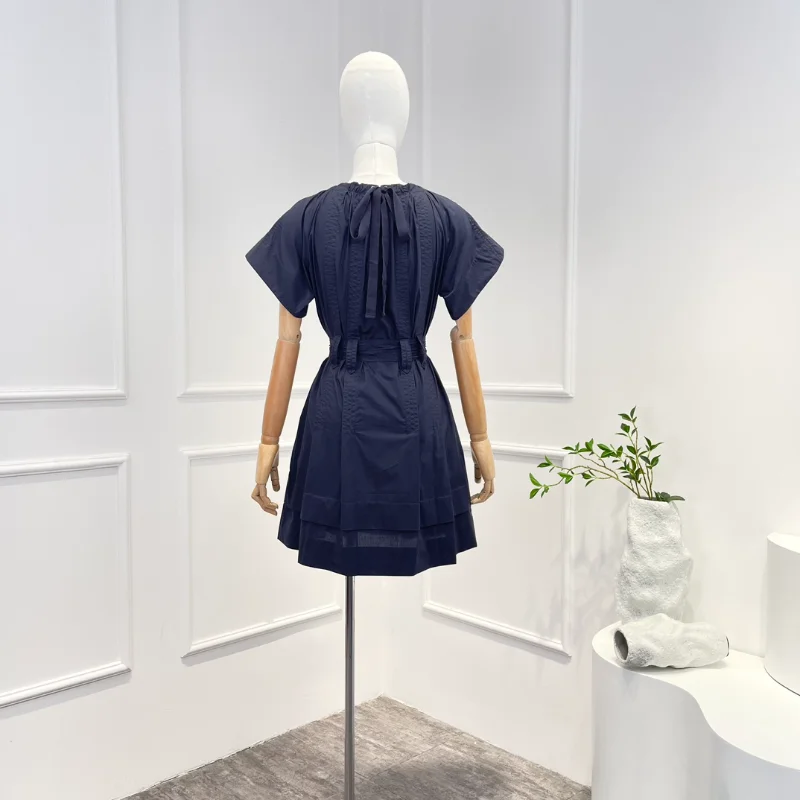 

Женское Плиссированное Платье До Колена, модное хлопковое темно-синее платье на шнуровке с круглым вырезом и коротким рукавом, лето 2023