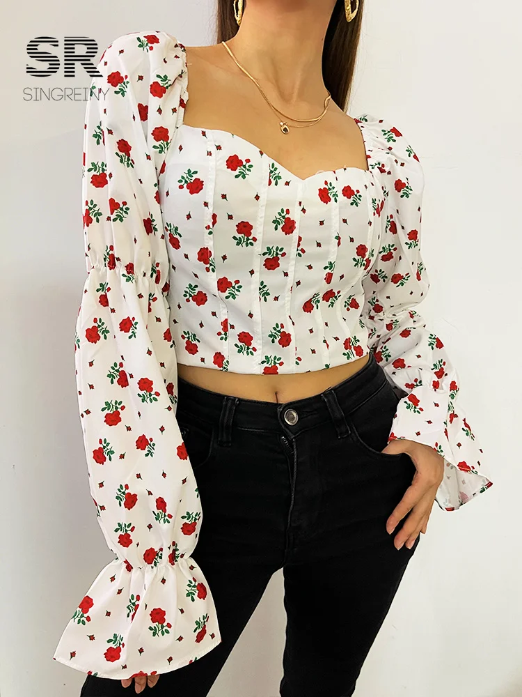 Женская блузка с открытыми плечами и цветочным принтом поясом на резинке