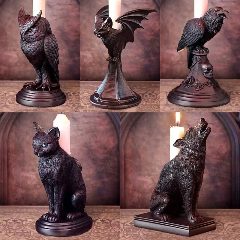 Retro Gothic Animal Candle Holder Black Bat Wolf Leopard Crow Cat Halloween Fun Atmosphere Home Decoration Accessories