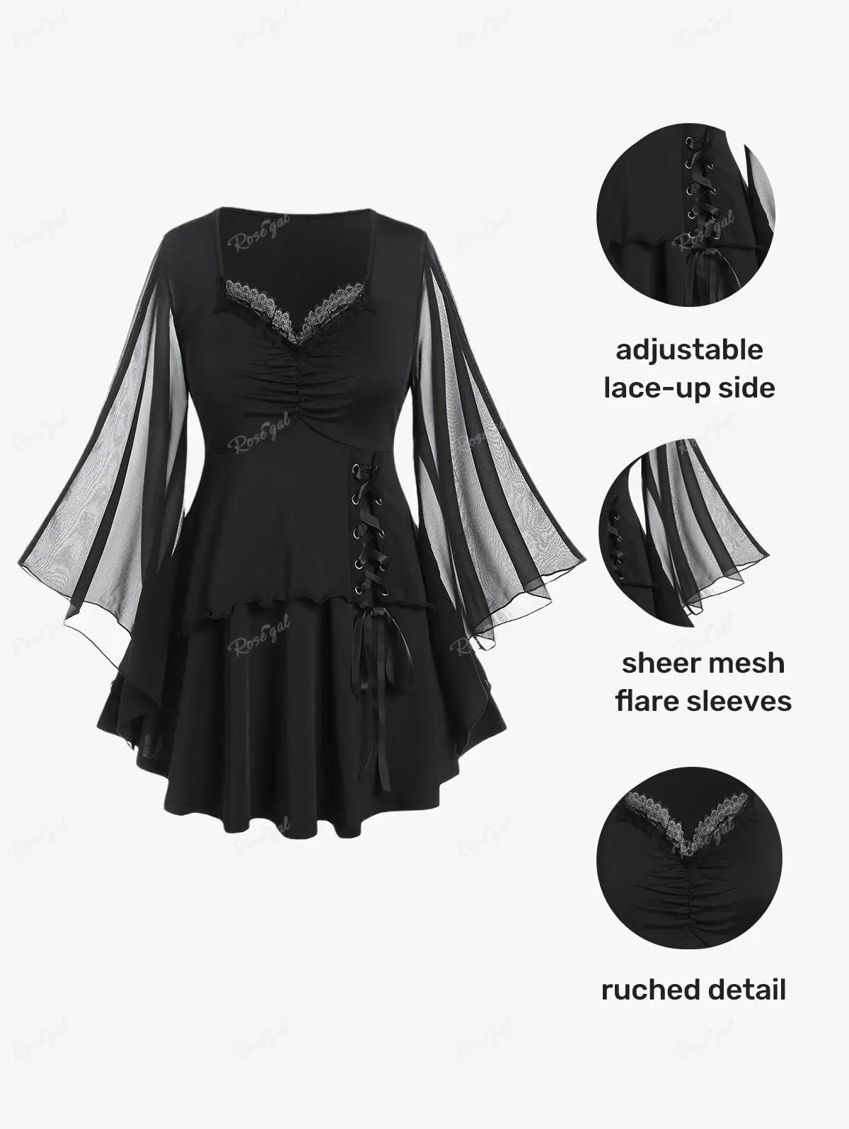 

ROSEGAL Plus Size Mesh Flare Sleeves Tee Black Lace Up Ruched Blouses Top Women Fall Sweetheart Neck Streetwear T-Shirt 5XL