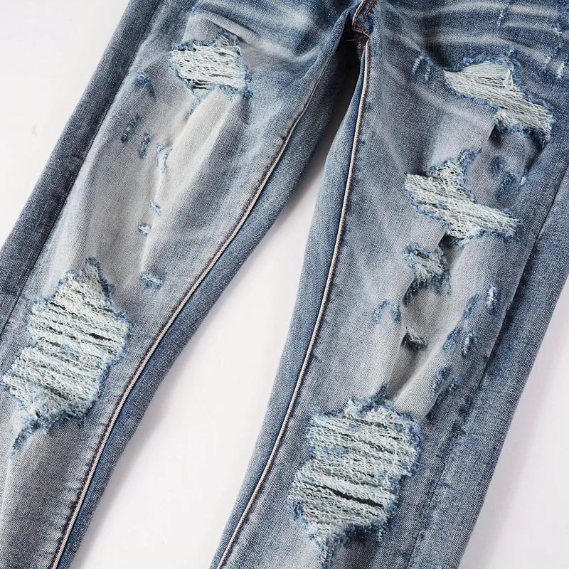 High Street Fashion Men Jeans Retro Blue Elastic Broken Hole Ripped Jeans Men Stretch Skinny Trousers Hip Hop Brand Pants Hombre