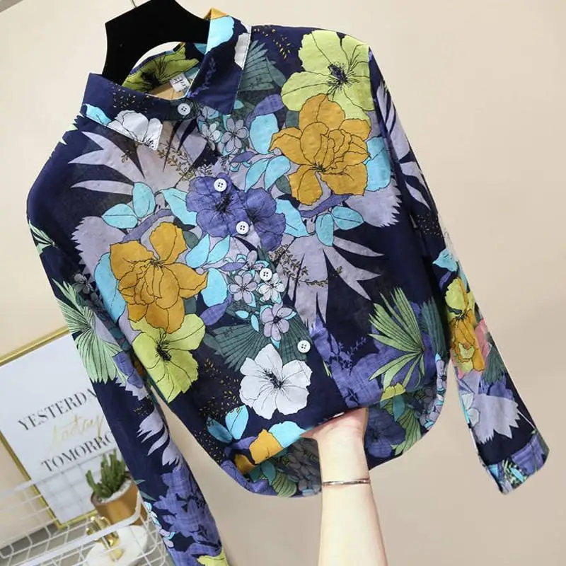 Cotton Linen Colourful Floral Pattern Asymmetry Printing Single Breasted Thin Vintage Shirt Popular Chic Long Sleeve Female Slim