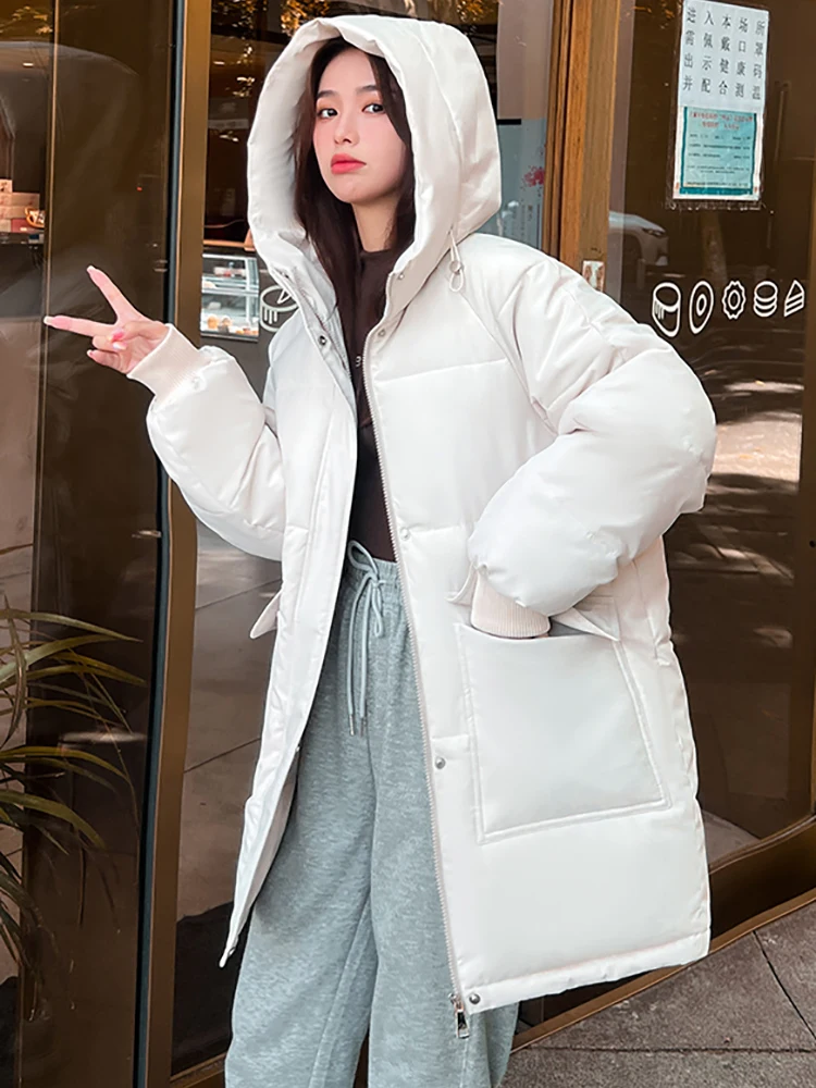 Autumn Winter Thicken Warm Medium Long Chic Parka Women Casual Sweety Solid Color Big Pocket Loose Hooded Coat Jackets Outwear