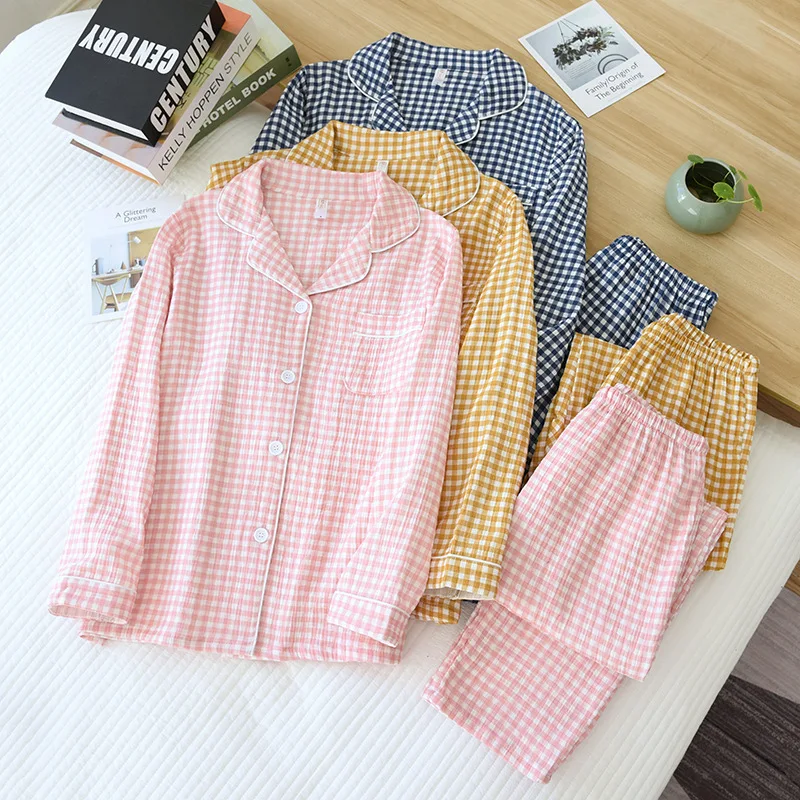 

Пижамный комплект в клетку для пар, повседневный домашний костюм для мужчин и женщин, хлопковые брюки с длинным рукавом, весна-осень