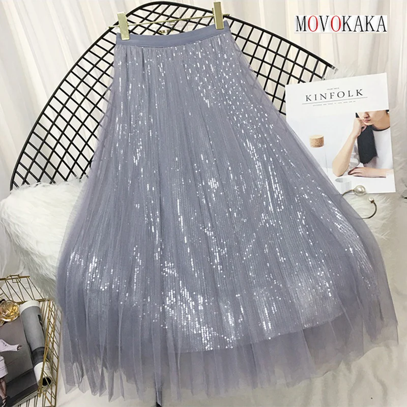 

MOVOKAKA Ladies All Season Sequins Mesh Pleated Skirts Women High Waist Solid Color A-line Skirts Elegant Party Casual Mid Skirt