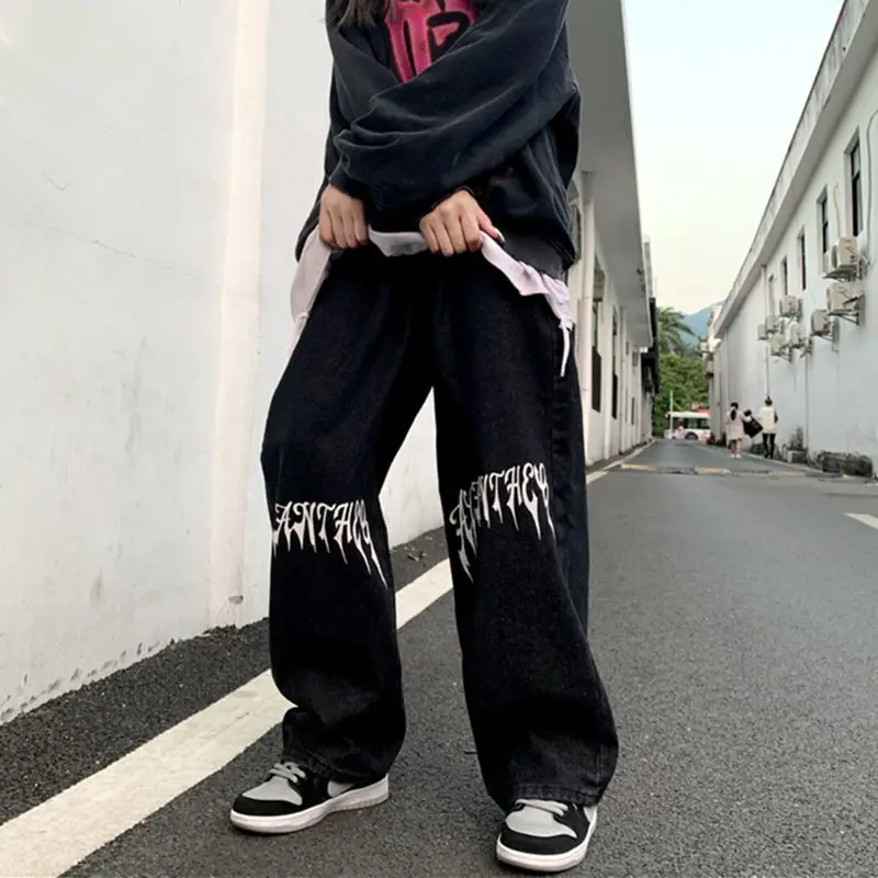 

Gothic Grunge Black Baggy Jeans Women Oversize Streetwear Print Wide Leg Denim Long Pants Harajuku Black Trousers Female Jean