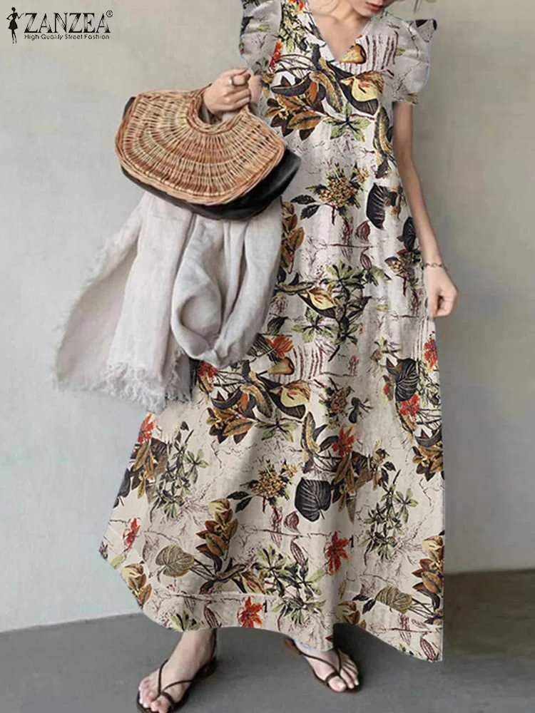 

ZANZEA Bohemian Printed Maxi Dress 2022 Summer Holiday Kaftan Women Party Elegant Long Vestidos Casual V Neck Dresses Oversized