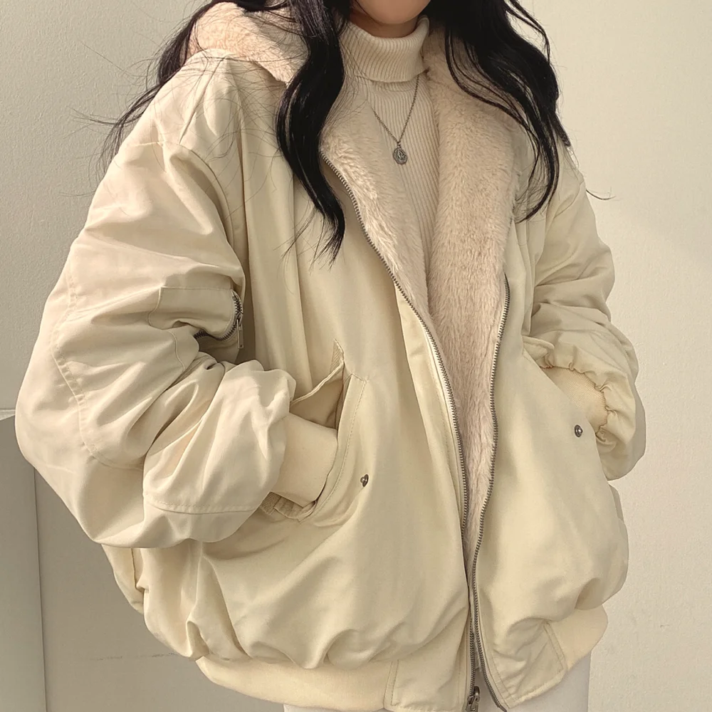 

Winter Wool Double Sided Wear Thick Hooded Jacket Women'S Warm Casual Simple Fashion Zipper Jacket 2022 Coat Cotton Y2K