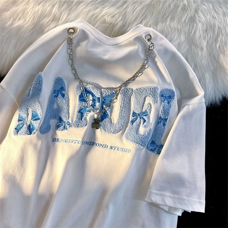 

Женские футболки с вышивкой в виде американских букв, футболки с цепочкой, Пуловеры с круглым вырезом в стиле хип-хоп, хлопковые топы с корот...