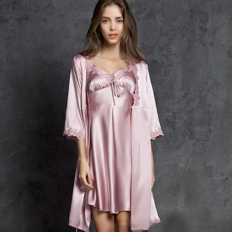 Women's Sleepwear 2 Pcs Sets Satin Silk Sleep Dress Sling Bowknot Mini Dress and Three-Quarter Sleeve Robe Pajamas