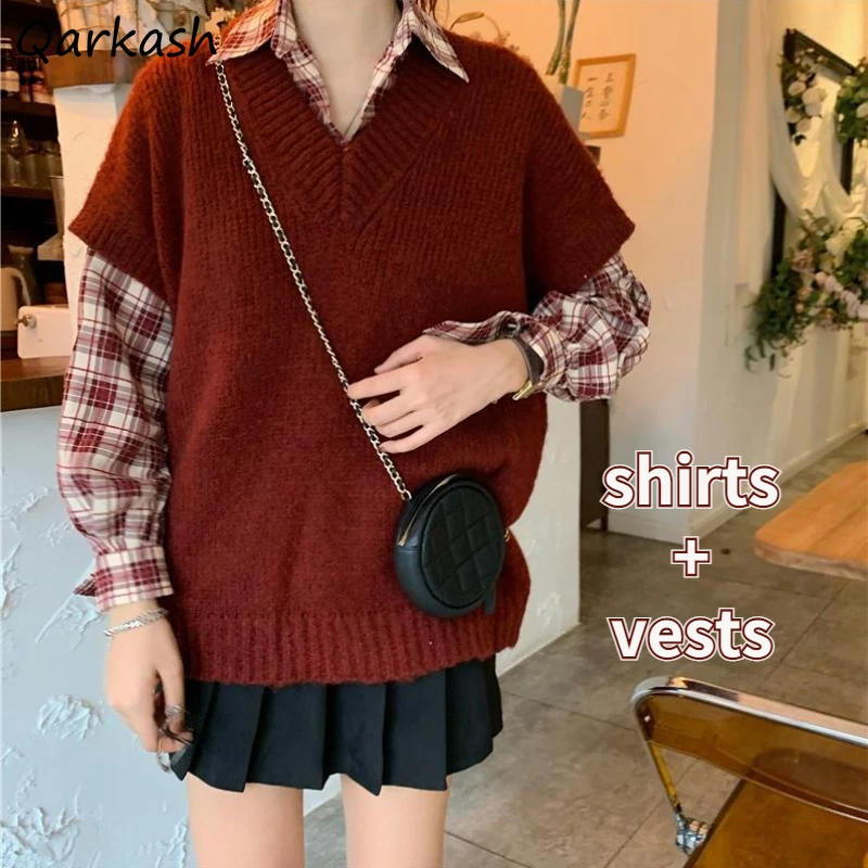 

2 Pieces Sets Women Spring Preppy Style Chic Korean Plaid Long Sleeve Shirts + V-neck Sweater Vests Sweet Girlish Vintage Simple
