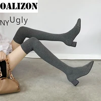 2021 new autumn mid heels women boots stretch fabric fashion over the knee botas designer gladiator sexy chunky socks shoes lady