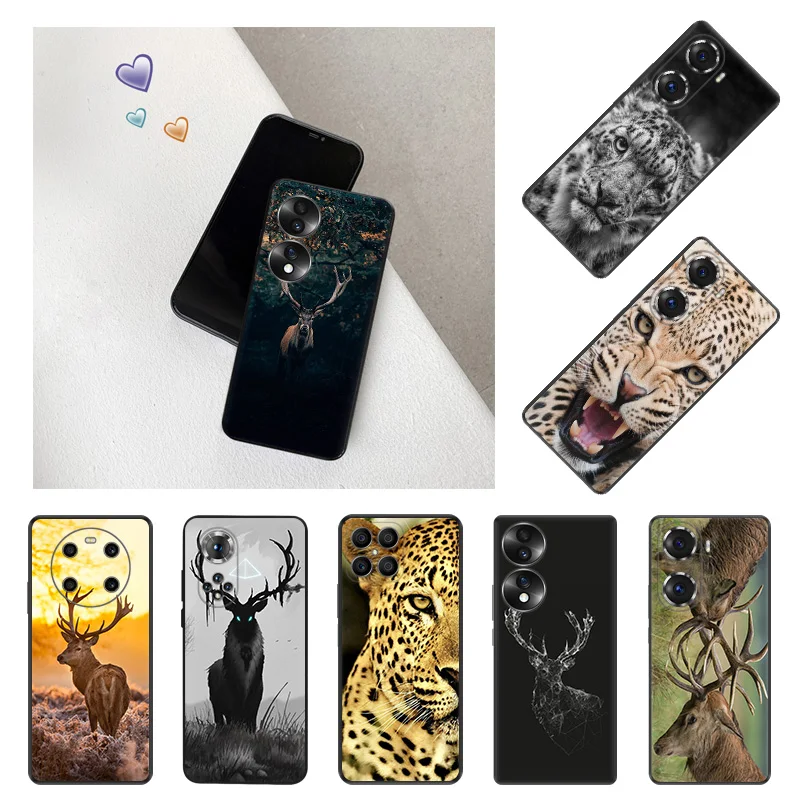 

Черный матовый противоударный чехол для телефона Honor X9 X8 X7 X6 X40 X40i Play6T 6C 9A Magic4 70 60 50 30i 20 8X, чехол с изображением оленя и леопарда