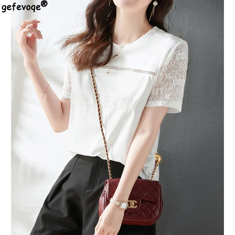 

Женский однотонный топ с круглым вырезом, повседневный элегантный топ с коротким рукавом и кружевом в стиле пэчворк, лето 2022