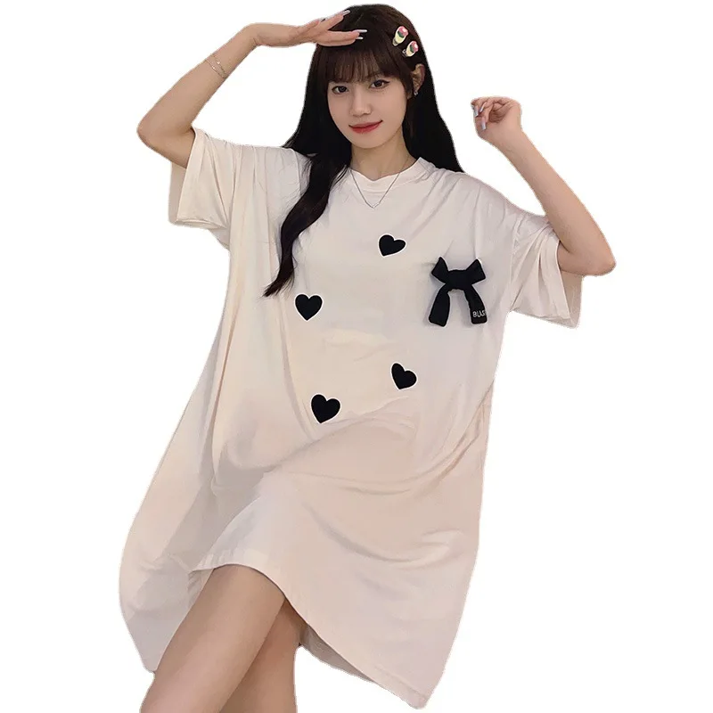 Pajamas Women's Summer Thin Cool Feeling Short-sleeved Cartoon Embroidered Nightgowns Home Service Mid-length Skirt Sleepwear