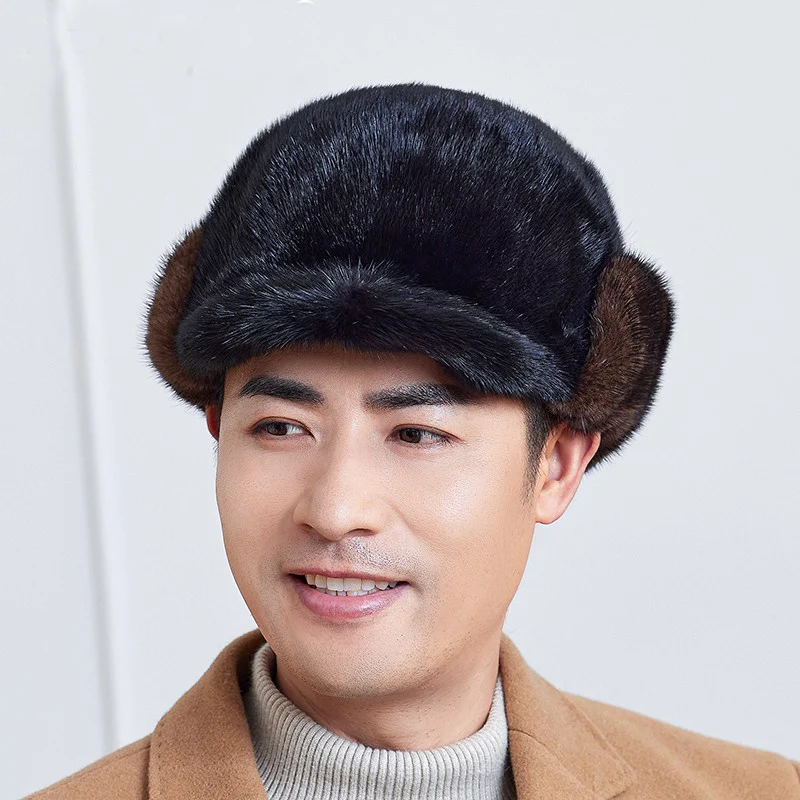 Men's Real Mink Fur Trapper Hat Winter Warm Peaked Cap Earmuffs Hat Headwear Outdoor Hunting Black Brown