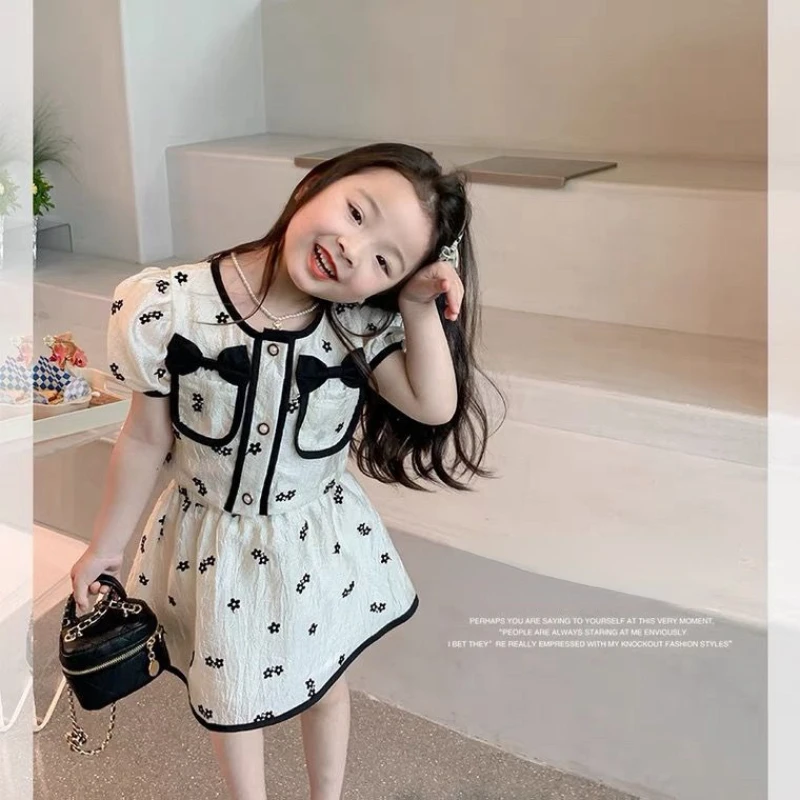 Summer Toddler Girls Clothing Set Short Sleeve Bow Tie Blouses + Floral Skirt 2PCS Suit Sets Children Clothing Kids Clothes Tops