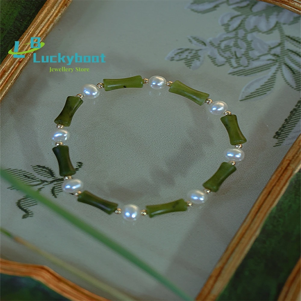 

Natural Olive Jade Pearl Bamboo Bracelet Female Country Trendy New Chinese Style Simple Ancient Retro All-match Niche Design