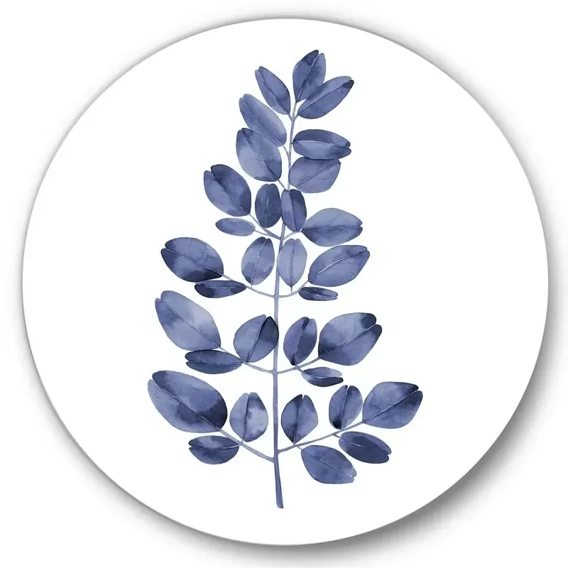 

'Navy Blue Eucalyptus On White' Traditional Circle Metal Wall Art 36x36 - Disc of 36 For Home Wall Decoration