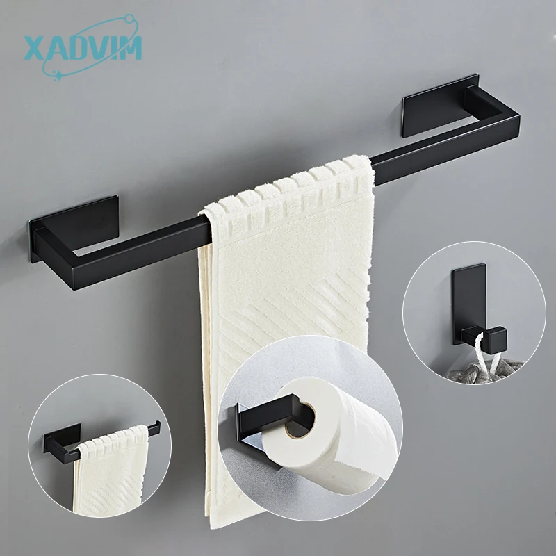 

Black Silver Gold Matte Bathroom Hardware Set Self-adhesive Robe Hook Paper Holder No Drill Towel Hanger No Punching Towel Bar