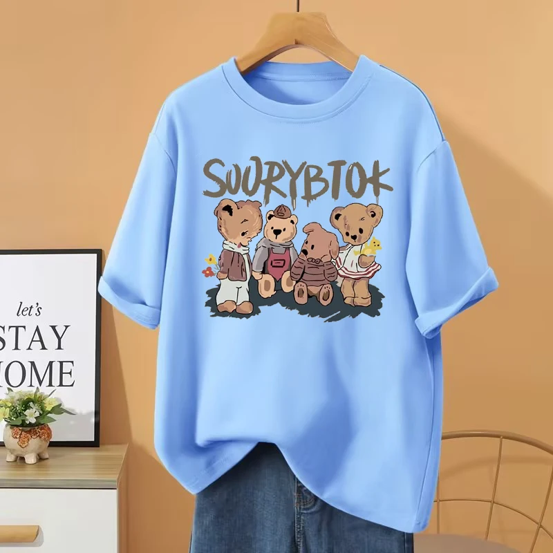 

Little Bear Tees-sleeved Women's Front Shoulder Tees Loose Comfort Leisure 2023Summer New Cute Original Korean Version All-Match