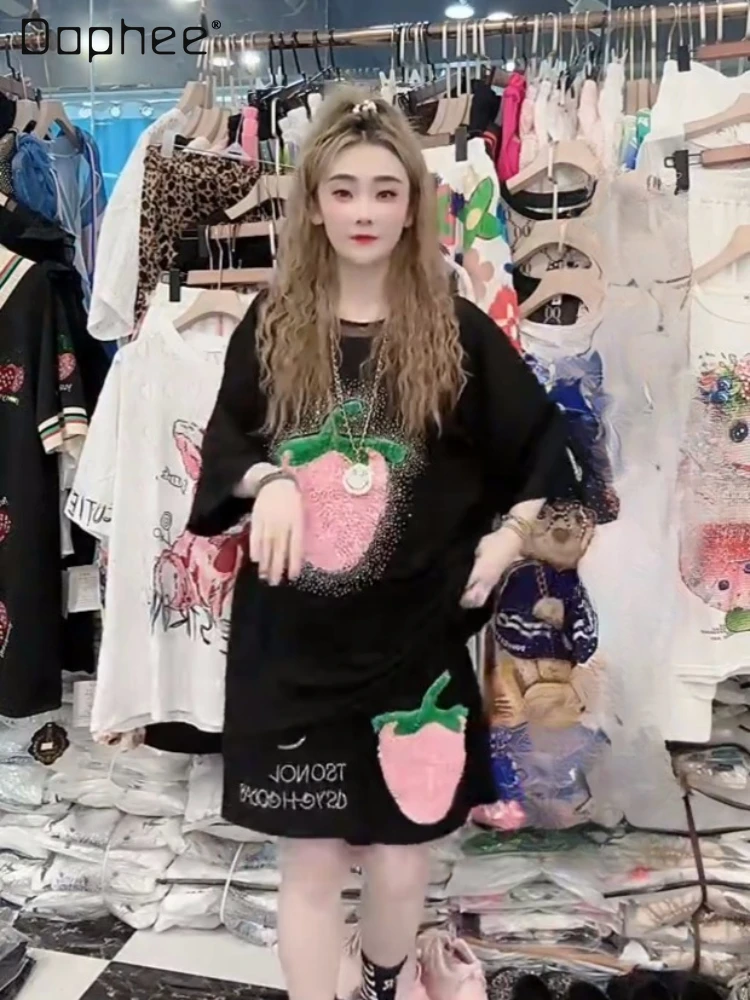 

Embroidered Rhinestones Shorts Set Women 2023 Summer Loose Round Neck Short Sleeve T-shirt Black Top Shorts Two-Piece Set Female