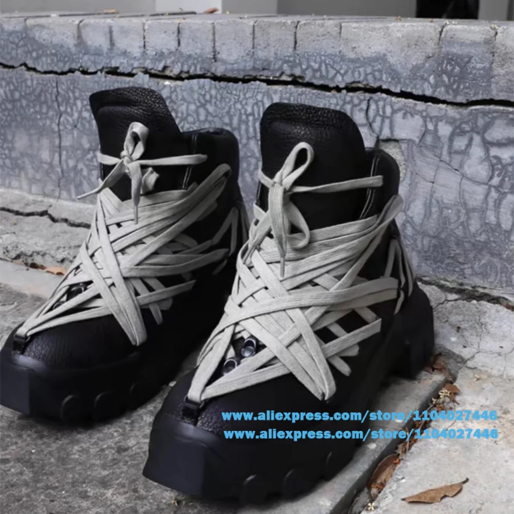 Мужские ботинки с перекрестными ремешками кожаные высоким берцем на толстой