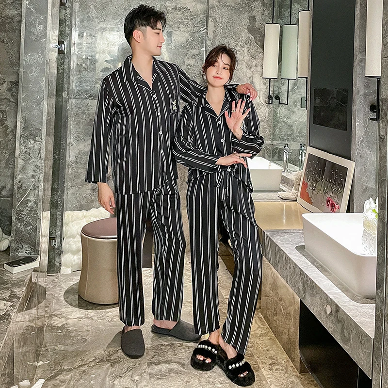 Spring Autumn Women Fashion Pajamas Faux Silk Striped Print Home Clothes Sets
