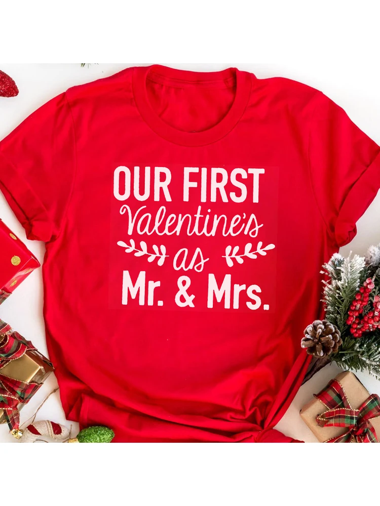 Женские футболки с надписью Our First Valentines As Mr и Mrs Couple повседневные коротким рукавом