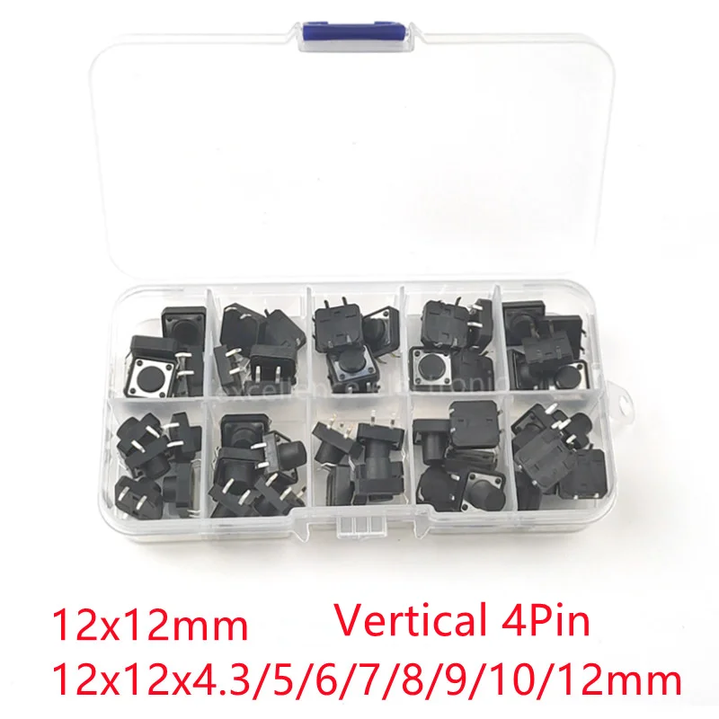 

50 шт. 12x12x5 мм панель печатной платы мгновенного тактильного такта мини-кнопочный переключатель DIP/SMD 4pin 12x12x4,3/5/6/7/8/10/12 мм 12*12*4,3 мм