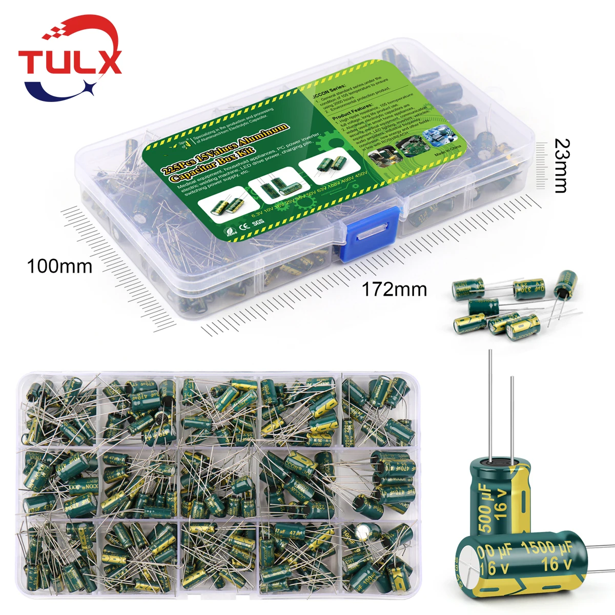 

225Pcs/Box Capacitor Kit UEELR Aluminum Electrolytic Capacitors Set 15Values 16V-50V 1uF-470uF Assorted Kit Storage Low ESR