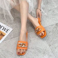 women metal chain slippers for home woman summer casual beach slides female square toe ladies new classic flat plus siz