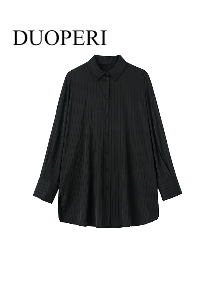 

DUOPERI Women Fashion Satin Stripe Blouse Long Sleeves Single Breasted Female Chic Lady Vintage Shirts Outfits