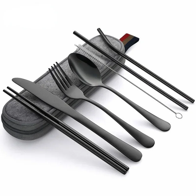 

1Set Tableware Reusable Travel Cutlery Set Camp Utensils with Stainless Steel Spoon Fork Chopsticks Straw Portable Case