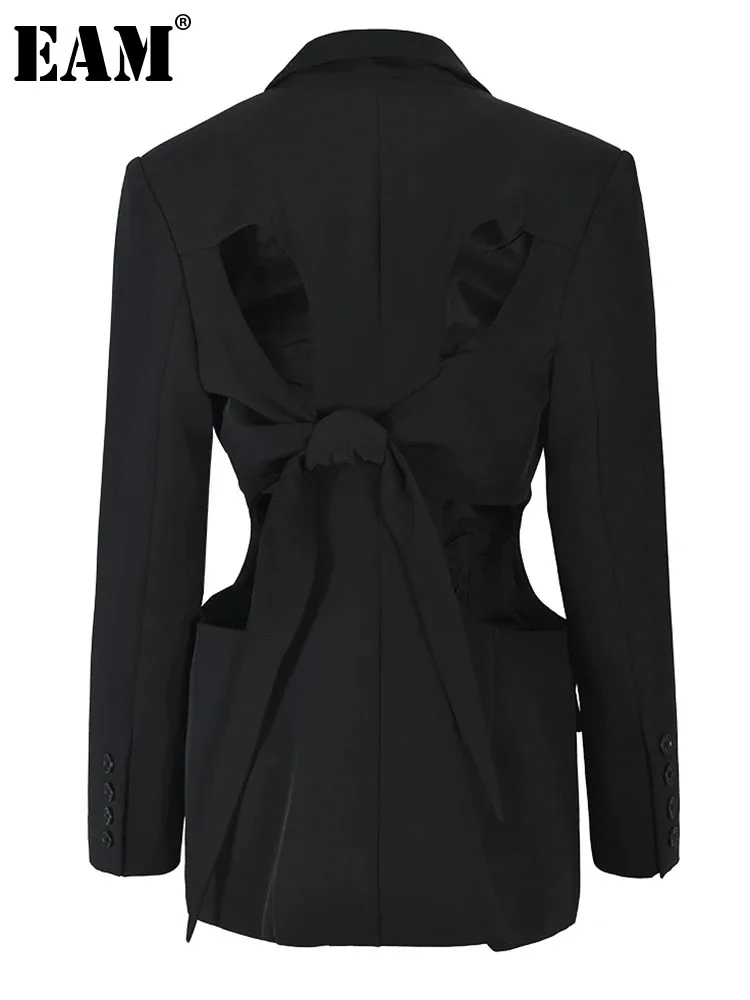 

[EAM] Женский Черный Повседневный блейзер с открытой спиной и бантом, новая свободная куртка с лацканами и длинными рукавами, модная демисезонная 2023 1DZ0014