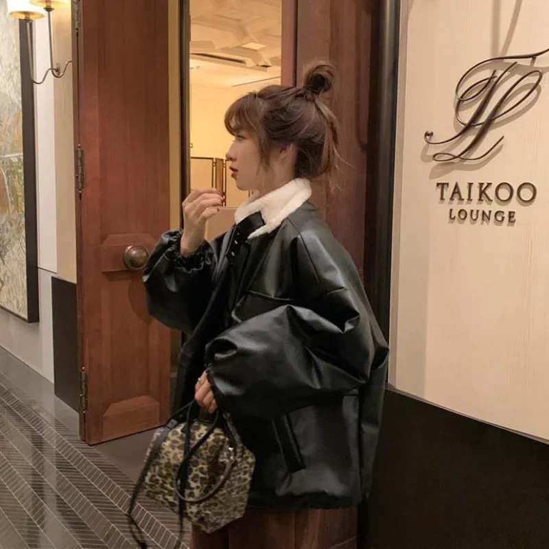 Женские парки из искусственной кожи черные лоскутные уютные теплые мешковатые