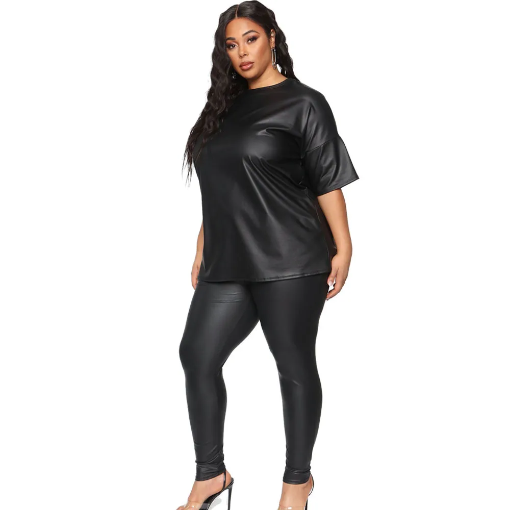 Plus Size Sets O-Neck Solid Short Sleeve Slim Fit Ankle-Length Plus Size 2 Piece Set Women Plus Size Women Clothing Office Lady