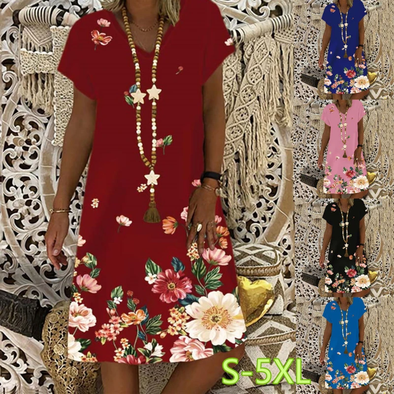 

GaunLeherBulatLenganPendekBaruWanita2022RokPanjangMenengahUkuranBesarLonggarGambarCetakBungaMusimPanasGaunShiftPulloverWanita