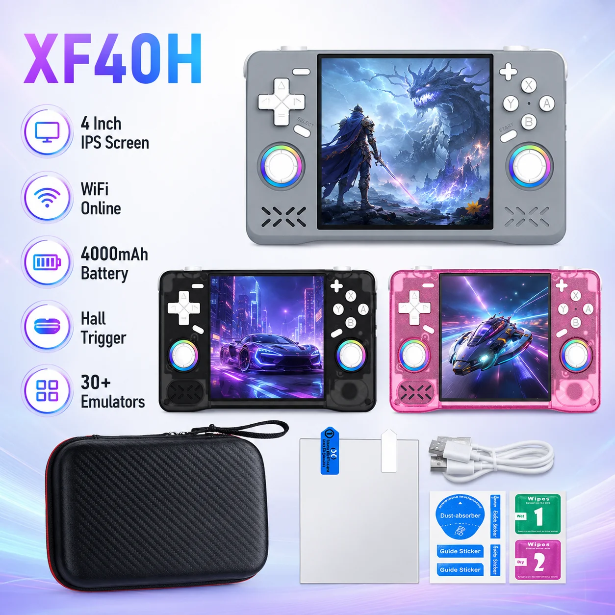 Фото Портативная игровая консоль XF40H в ретро-стиле с 4-дюймовым HD IPS-дисплеем, триггерами с эффектом Холла, RGB-джойстиком, поддержкой Wi-Fi, онлайн-игр и TF-карт №1