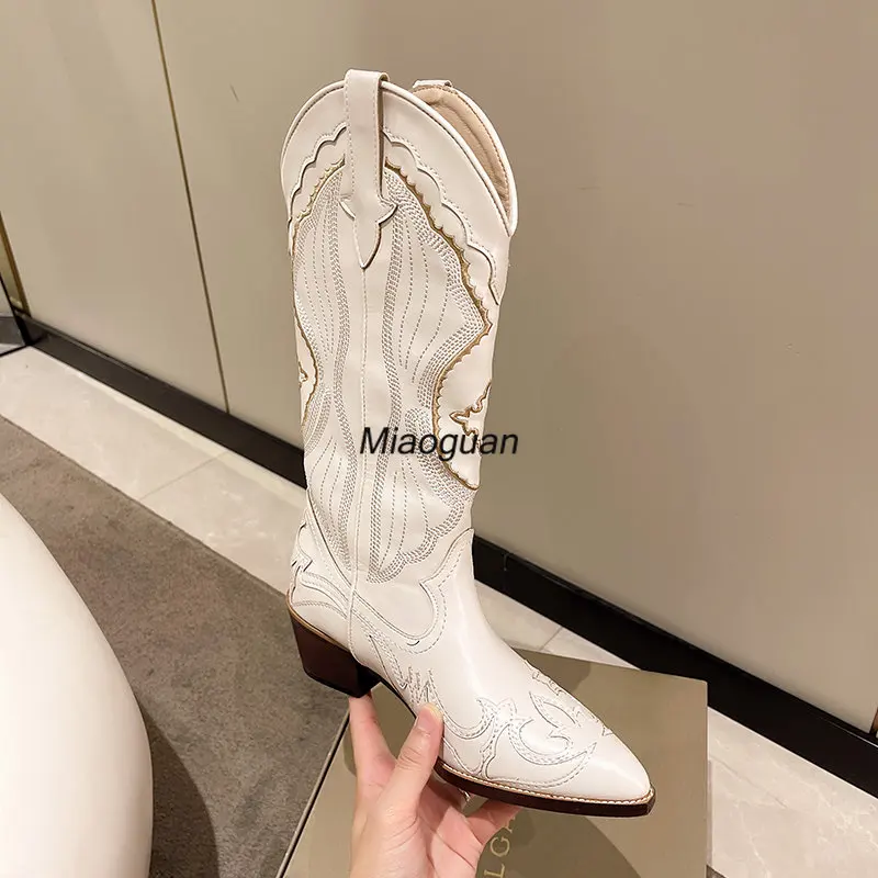 Women's Boots Retro Autumn Winter White Knee High Boots Big Size 40 Fashion Comfy Walking Female Western Cowboy Boot Woman Shoes