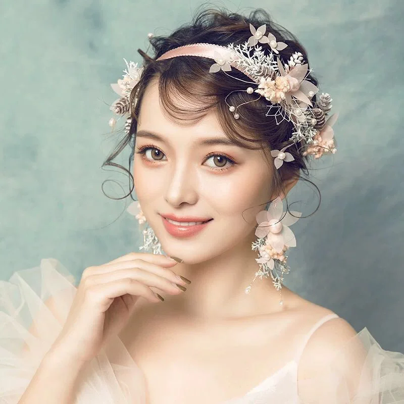

2022Bridal Headdress Mori Style Headdress Flower Hairpin Hair Band Sweet Pink Hair Accessories Wedding Formal Dress Accessories