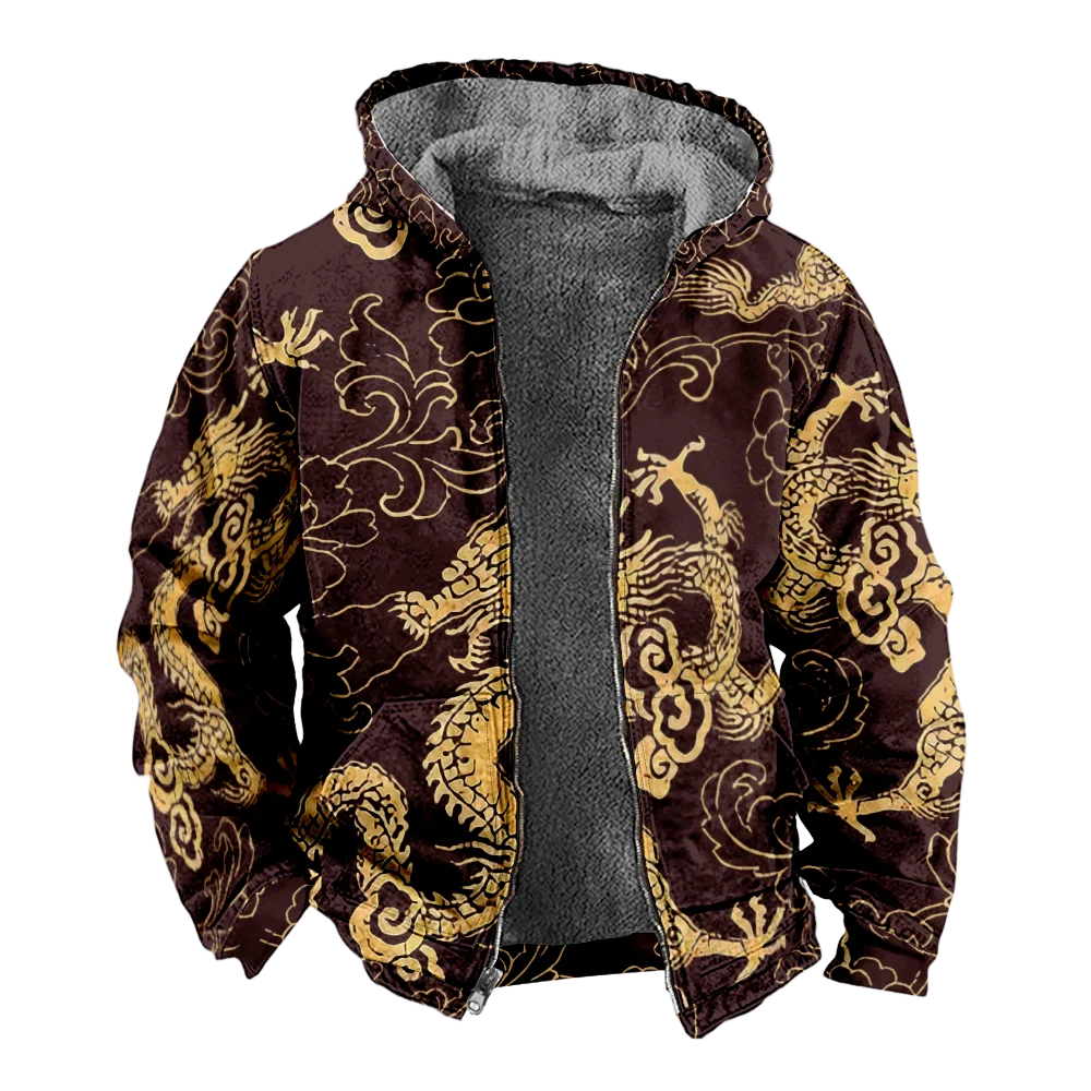 Мужские зимние куртки пальто винтажный узор дракона хлопковая одежда с