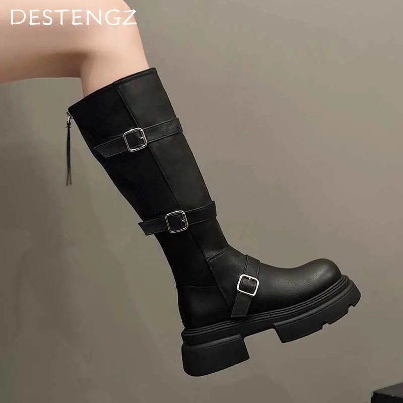 Женские высокие ботинки на платформе модные дизайнерские кожаные среднем