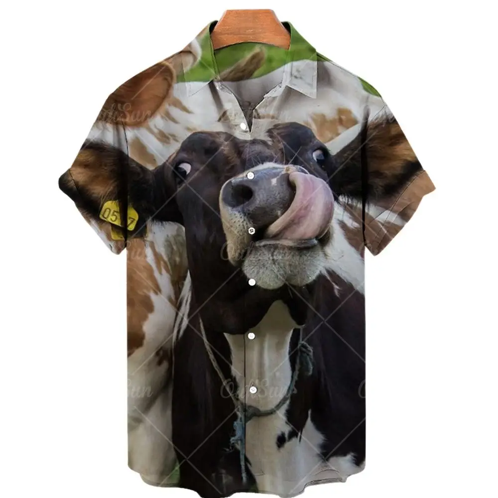 2022 5XL Fashion Men Funny Cow Animal 3d Print Shirt Lapel Short Sleeve Hawaiian Shirt Men's Hawaiian Shirt